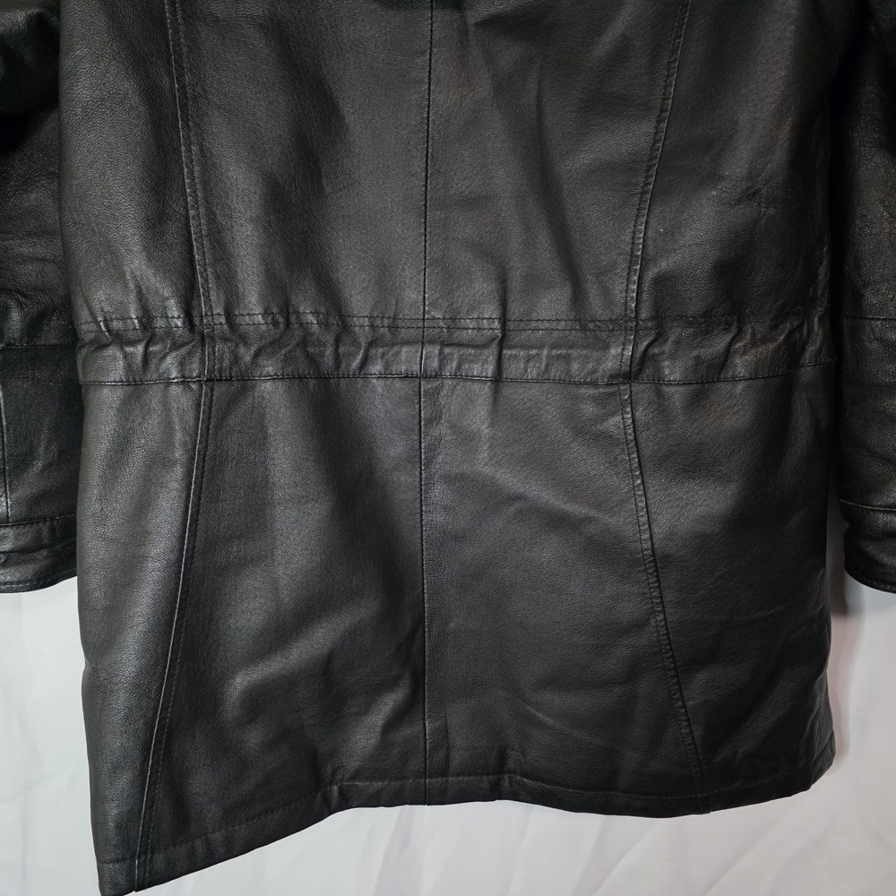Vintage Genuine Leather Black‎ Coat Faux Fur Hood Y2K Minimalist Jacket - Picture 16 of 16